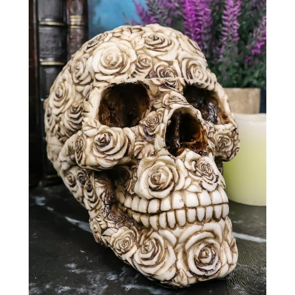 Ebros Tooled Ornate Floral Skull Figurine DOD Rose Sugar Skulls Statue 6.5"L