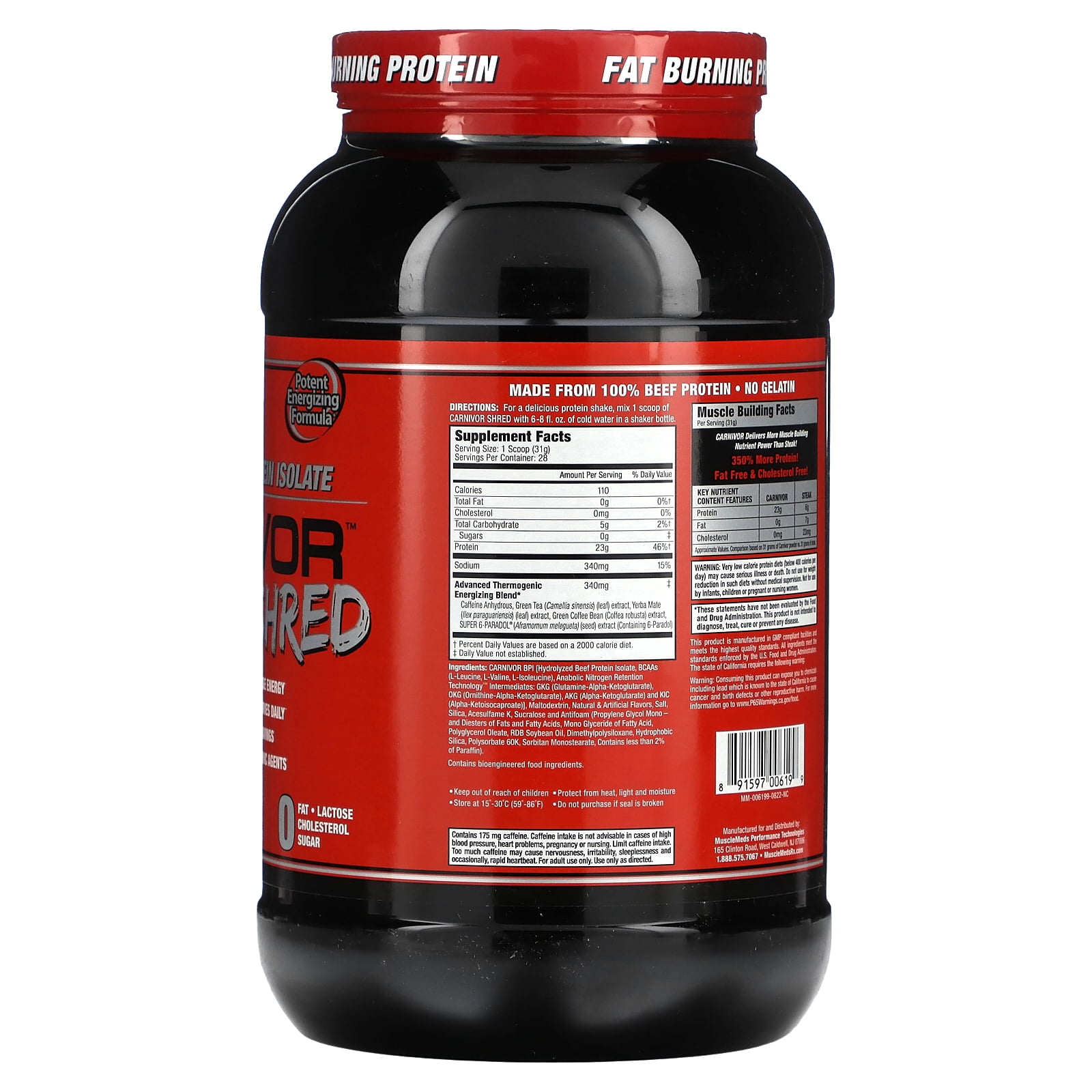 MuscleMeds Carnivor Shred Fat Burning Hydrolized Beef Protein Isolate, 0 Lactose, 0 Sugar, 0 Fat, Vanilla Caramel, 2 lbs