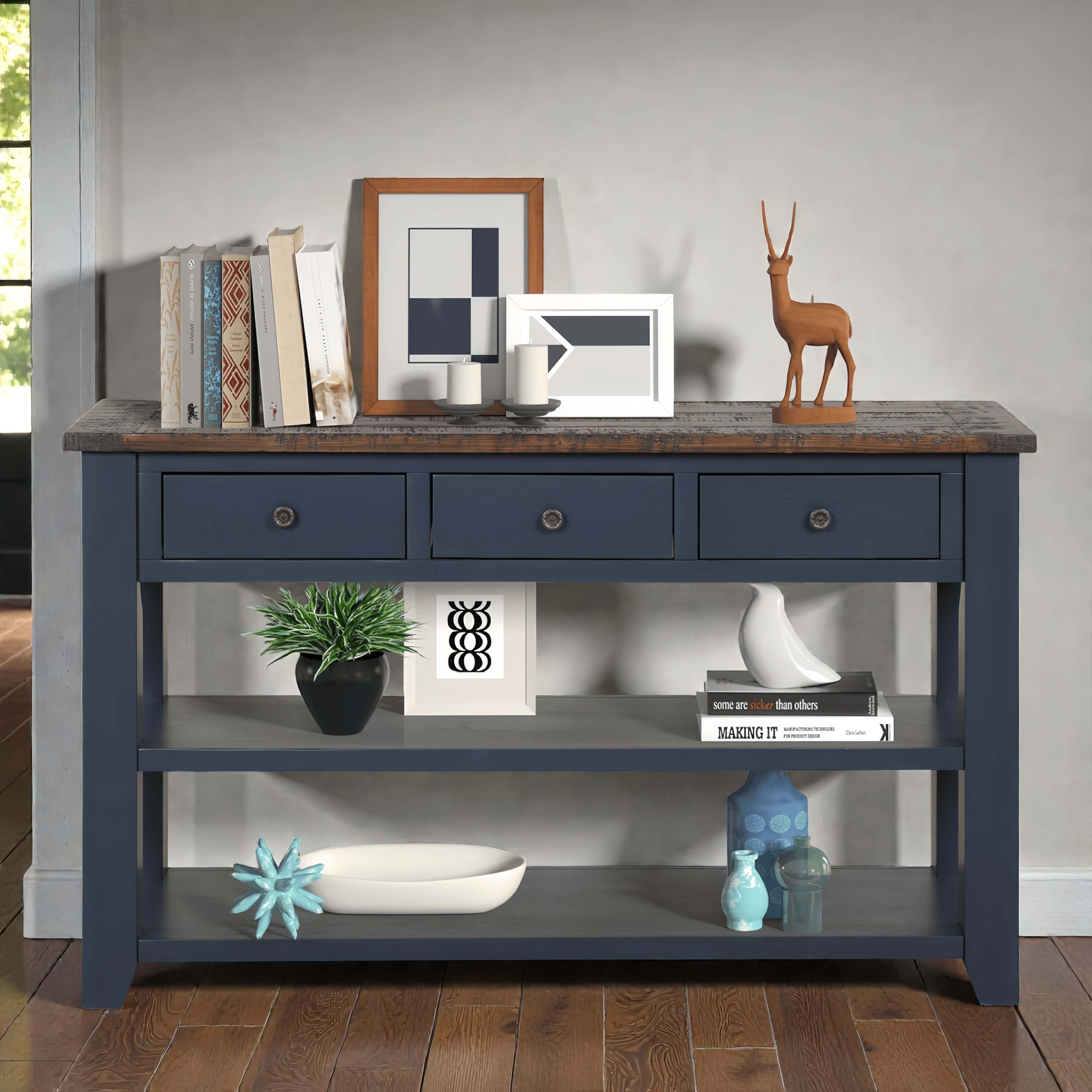 Tcbosik Console Table with Open Shelves and 3 Storage Drawers, Farmhouse Sofa Table, Accent Table for Entryway, Hallway, Foyer, Living Room, Space Saving, Navy Blue