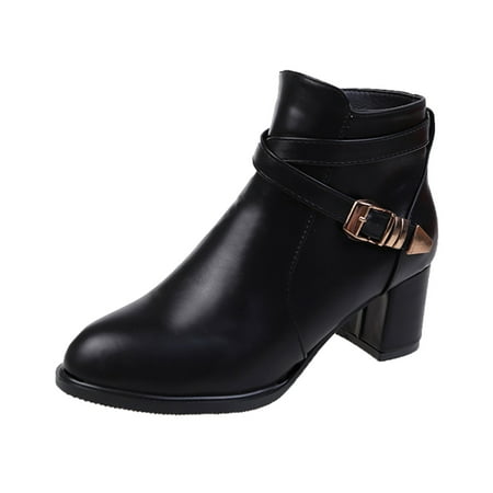 

EUMODR Rain Snow Boots for Women Wide Width High Heel Boots for Women Ladies Fashion Solid Color Leather Belt Buckle High Heel Side Zipper Short Boots