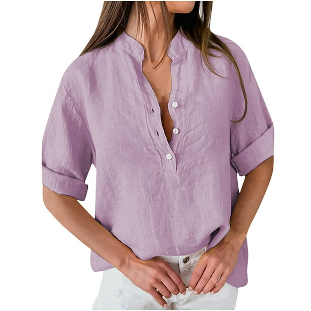 Moda mujer verano media manga cuello en V pulóver sólido Casual blusa Tops Fridja ghk5237
