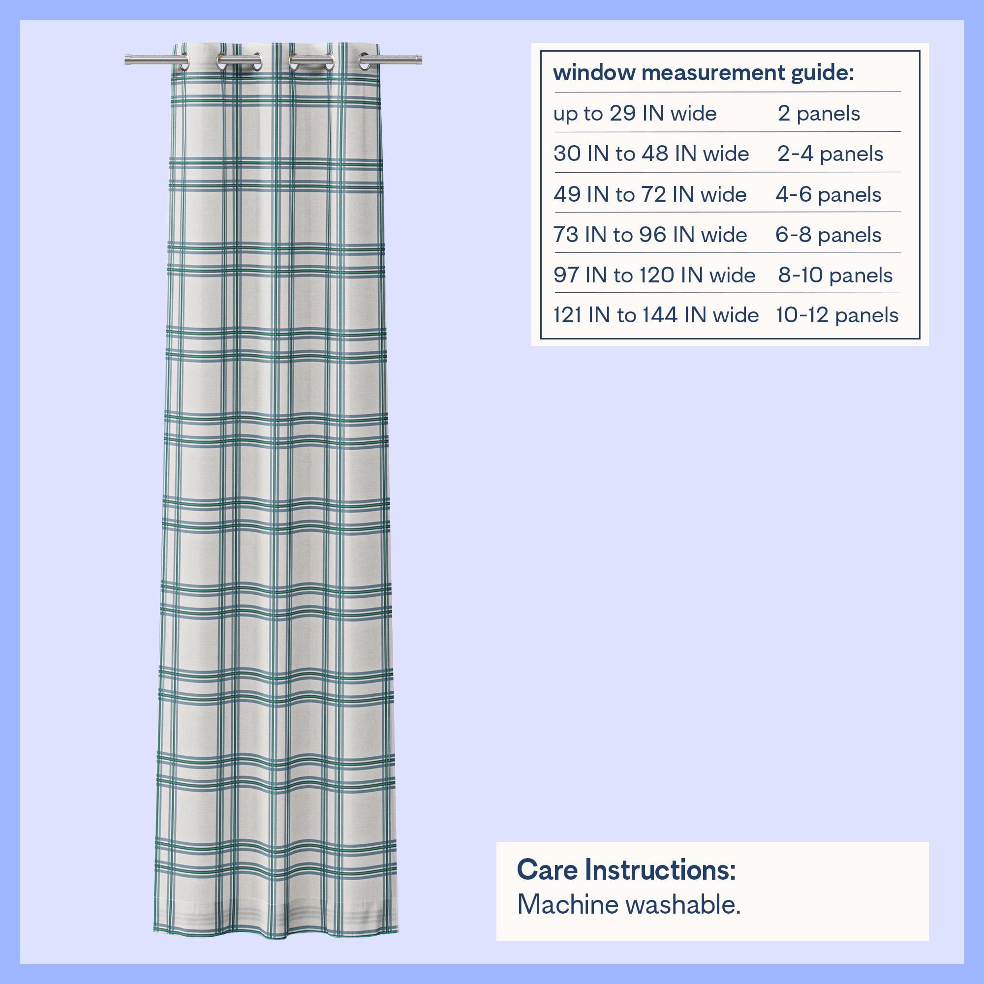 Mainstays Kids White and Blue Plaid Check Light Filtering Grommet Single Curtain Panel, 38" W x 95" L