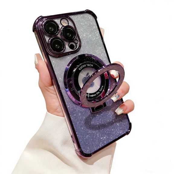 For iPhone 17 Phone Case,With Contractile Ring Kickstand,Built-in Lens Camera Protector,Bling Gradient Glitter Back,Logo View Design,Electroplated Bumper,Shockproof Phone Case,Darkpurple