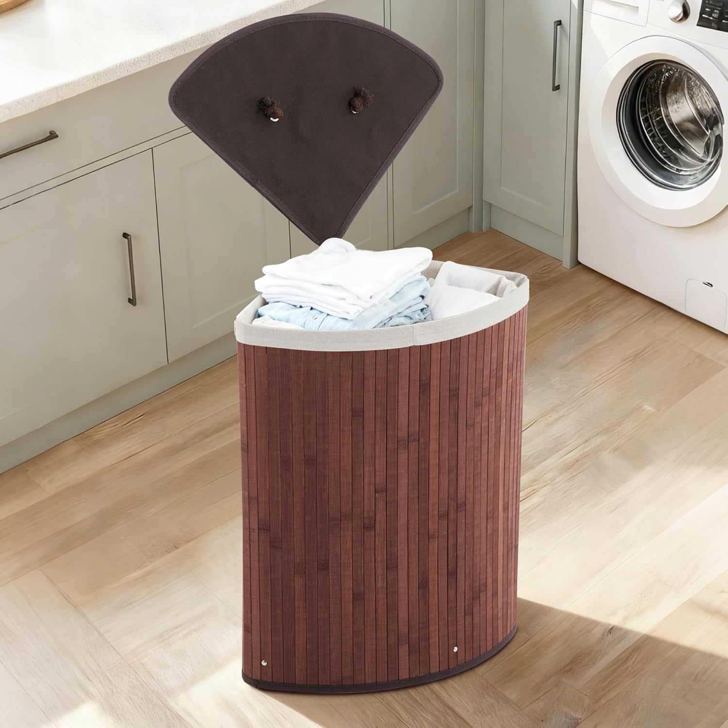 Garvee 58 L Hamper with Lid, Bamboo Laundry Basket with Removable Liner & Handles, Brown