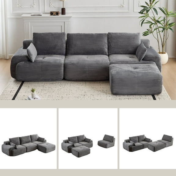119.69" Modular Sectional Sofa with a Movable Ottoman, Boneless Couch with Pillows, Gray