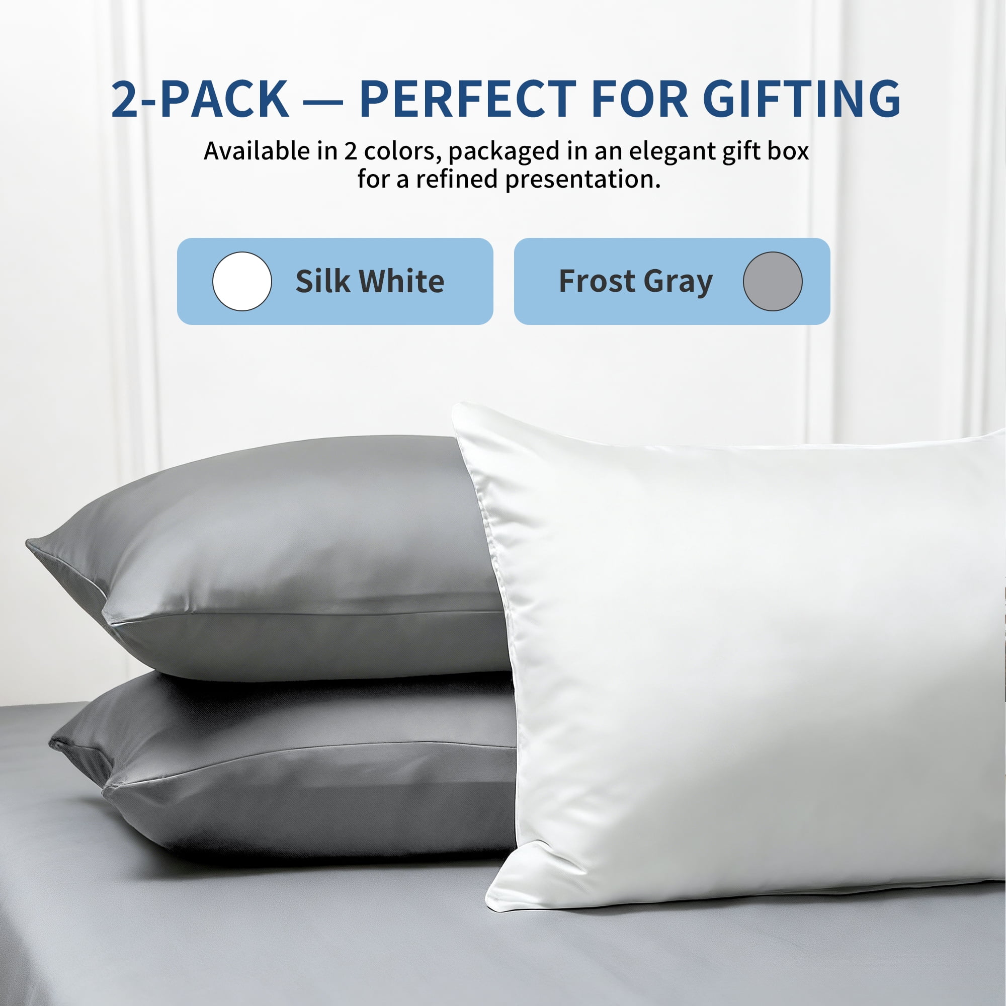 Dafinner Luxury Set of 2 Pure Mulberry Silk Pillowcases with Hidden Zipper Queen Size, Silky Pillow Cases for Skin & Hair (20x30, White)