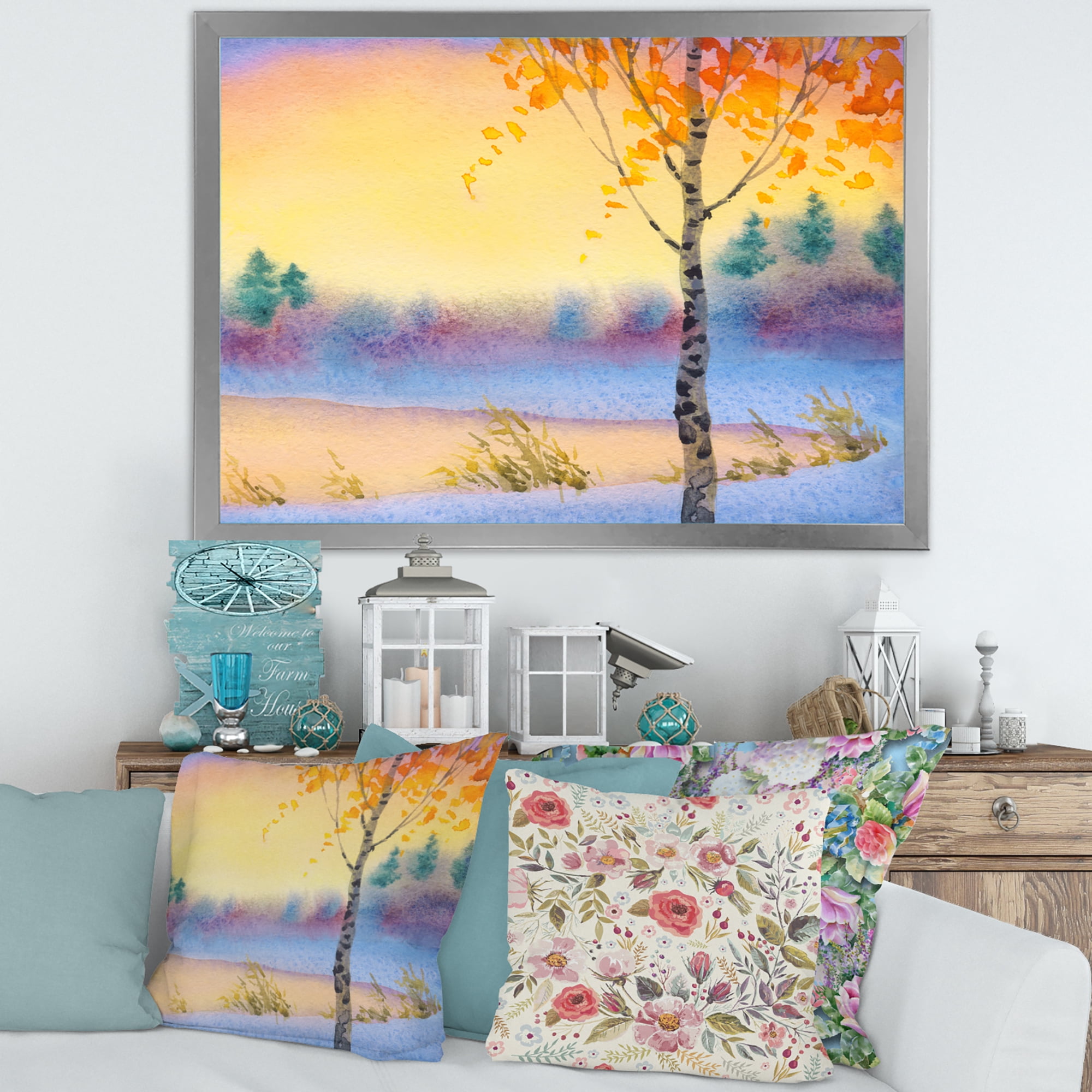 Designart 'Evening Sky Over Lake Winter Landscape' Traditional Framed Art Print