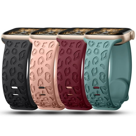 3D Magic 4 Pack Leopard Engraved Band Compatible with Apple Watch Band 38mm 40mm 44mm 45mm 49mm, Waterproof Cheetah Sport Silicone Wristbands Replacement for iWatch Series 8 7 6 5 4 3 2 SE for Women