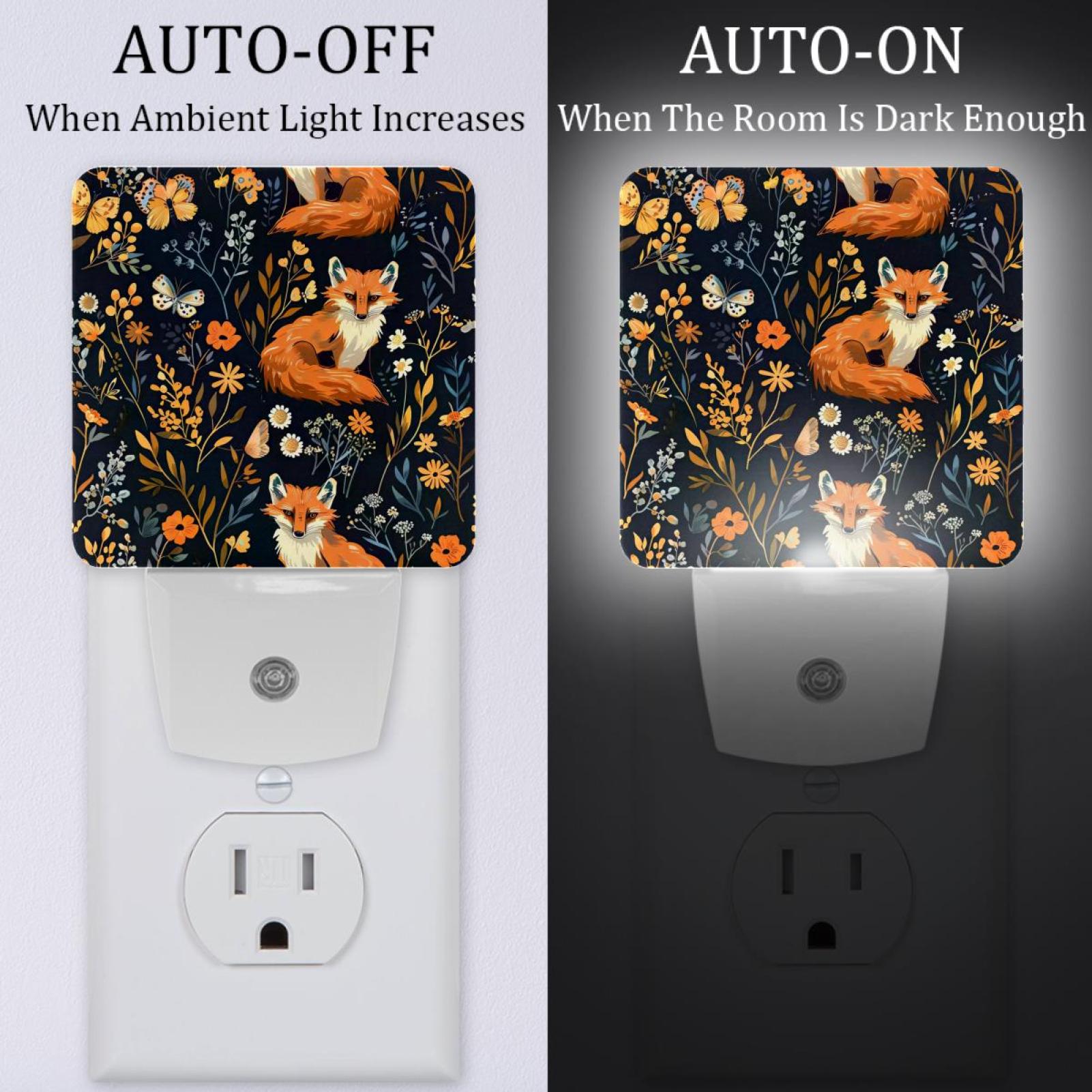 PhooArto Fox Butterfly Floral Plug in LED Night Light Auto Sensor Dusk to Dawn Decorative Night for Bedroom, Bathroom, Kitchen, Hallway, Stairs, Baby's Room, Energy Saving