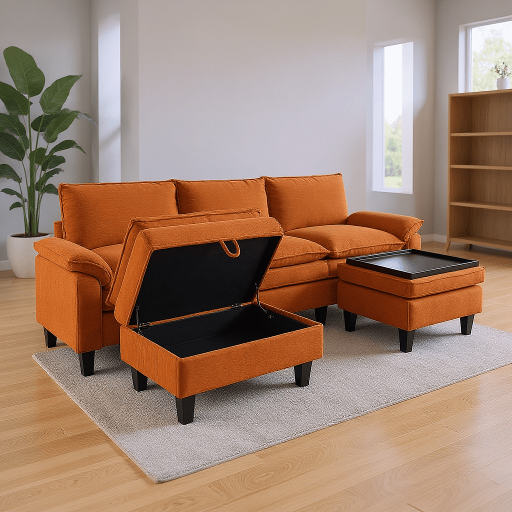 Gewnee Corduroy Fabric Modular Sofa Upholstered Modern Sofa, 3 Seater Comfy Couch With Tea Table Storage Ottoman for Bedroom and Living Room, Apartment, Bedroom, Dorm, Office,