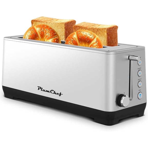 4-Slice Extra Wide Long Slot Toaster (Silver, 1350W) - Stainless Steel, Removable Crumb Tray, 6 Browning Settings & Bagel/Defrost/Reheat Functions