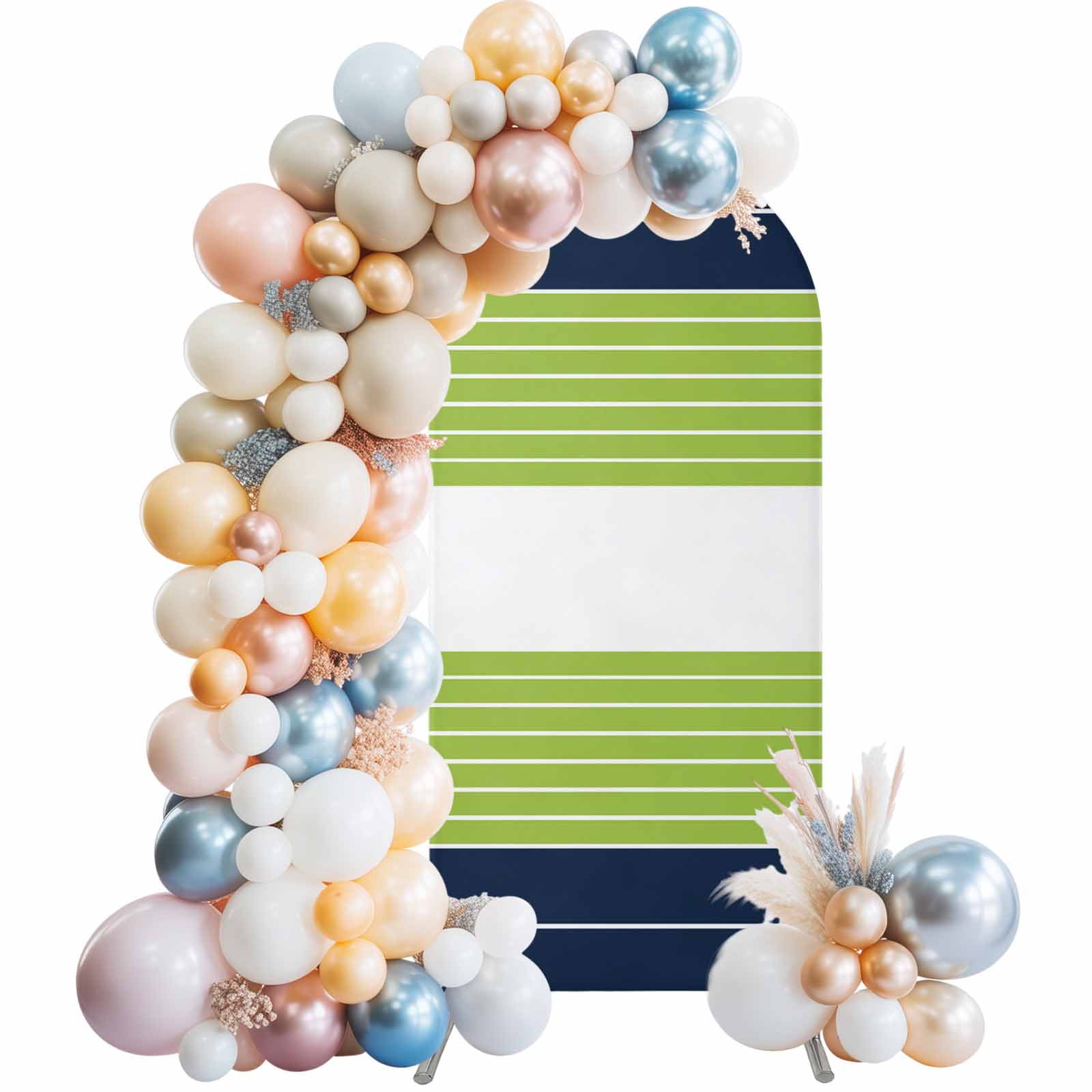 Navy Blue Green Stripe Arch Backdrop Cover 7.2Ft, Wedding Arch Covers Stretchy Backdrop, Modern Art Horizontal Striped Fitted 2 Sided Arched Photo Background for Birthday Party Decorations