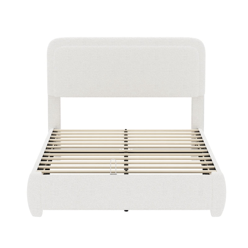 Full Size Boucle Upholstered Bed Frame with Adjustable Height Headboard, Low-Profile Platform Bed with Mattress Anti-Slip Holder