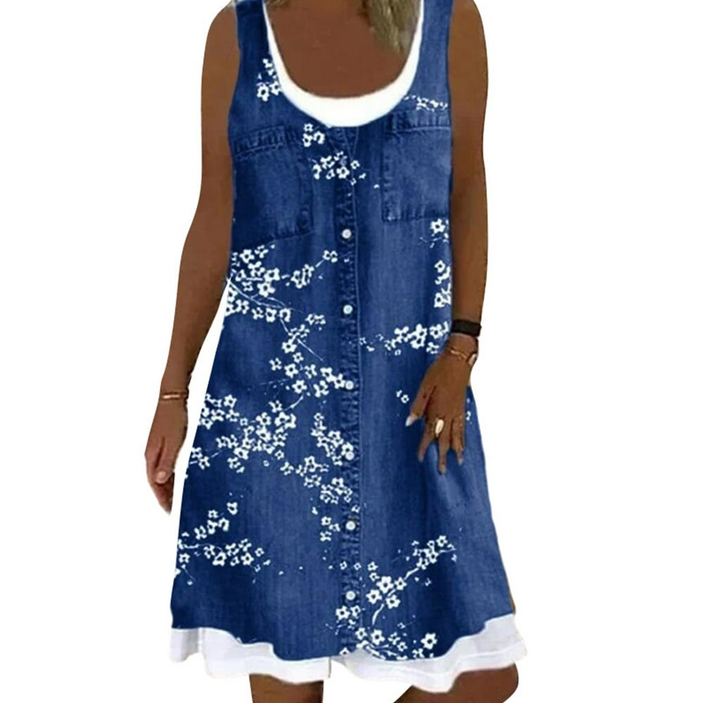 UKAP - Summer Sleeveless Dress for Women Fake 2 Piece Dress Vintage