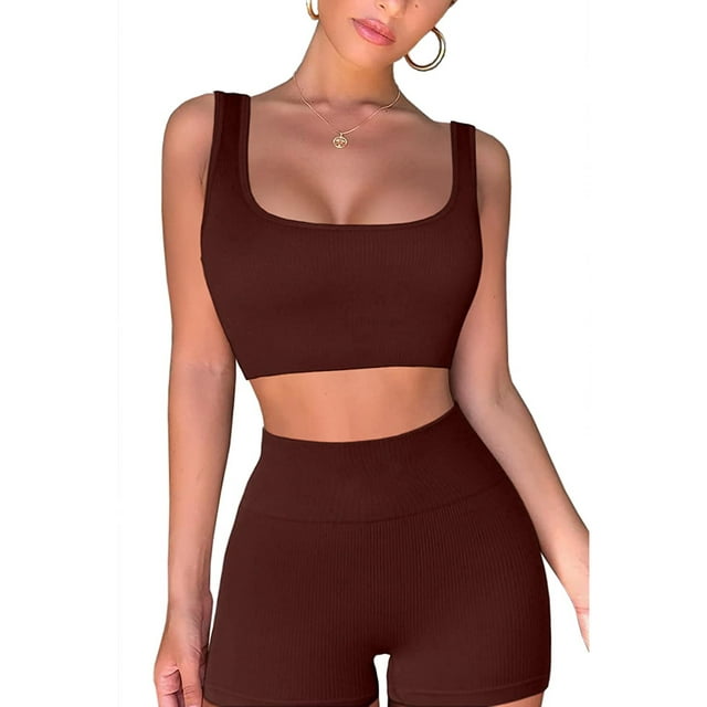 Women's Workout Outfits 2 Piece Yoga Set Seamless Ribbed Crop Tank Tight Shorts Gym Suit