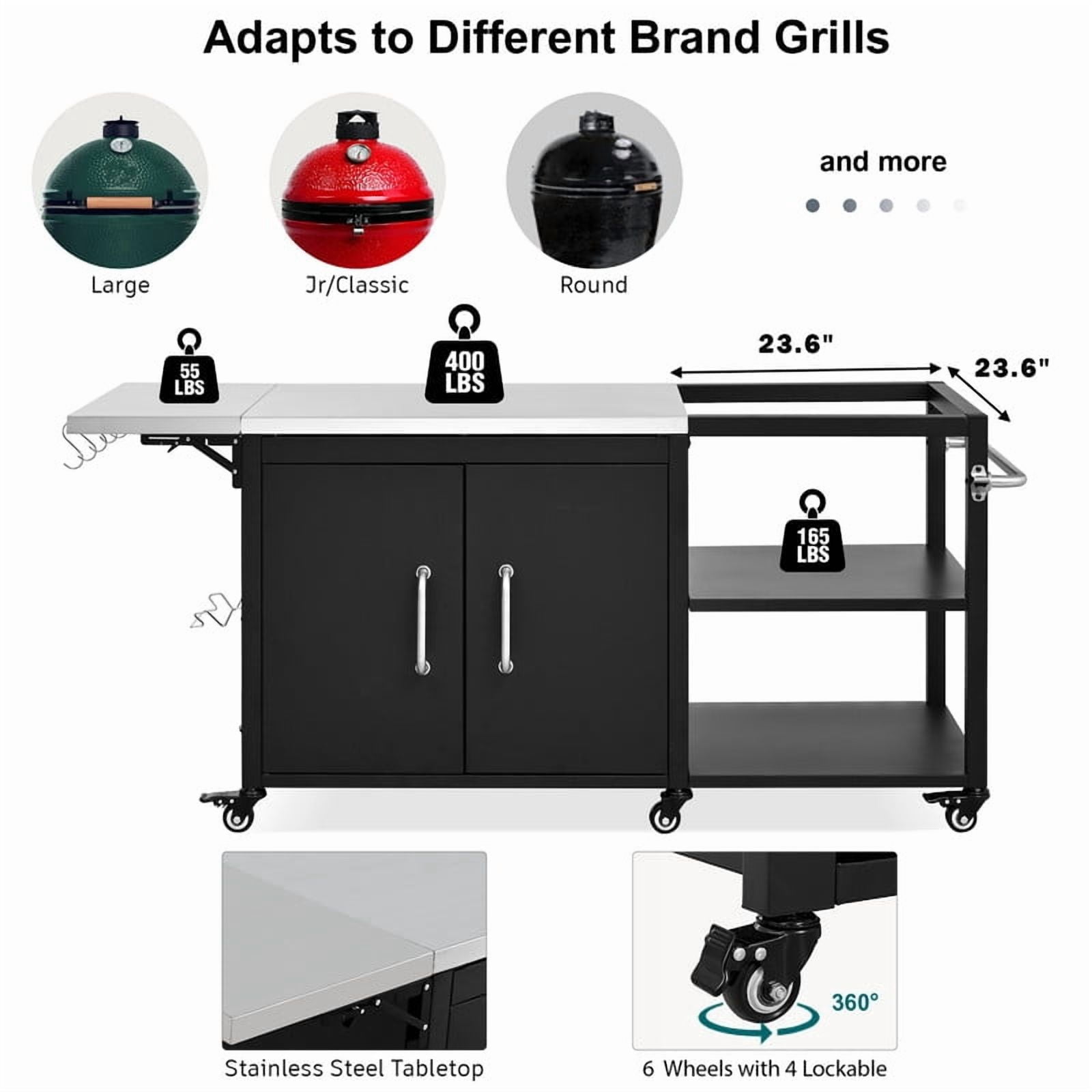 76" Outdoor Kitchen Island Grill Cart for Big Green Egg, Stainless Steel Prep Table, Outdoor Grill Table with Adjustable Shelf & Hooks & Bottle Opener for BBQ