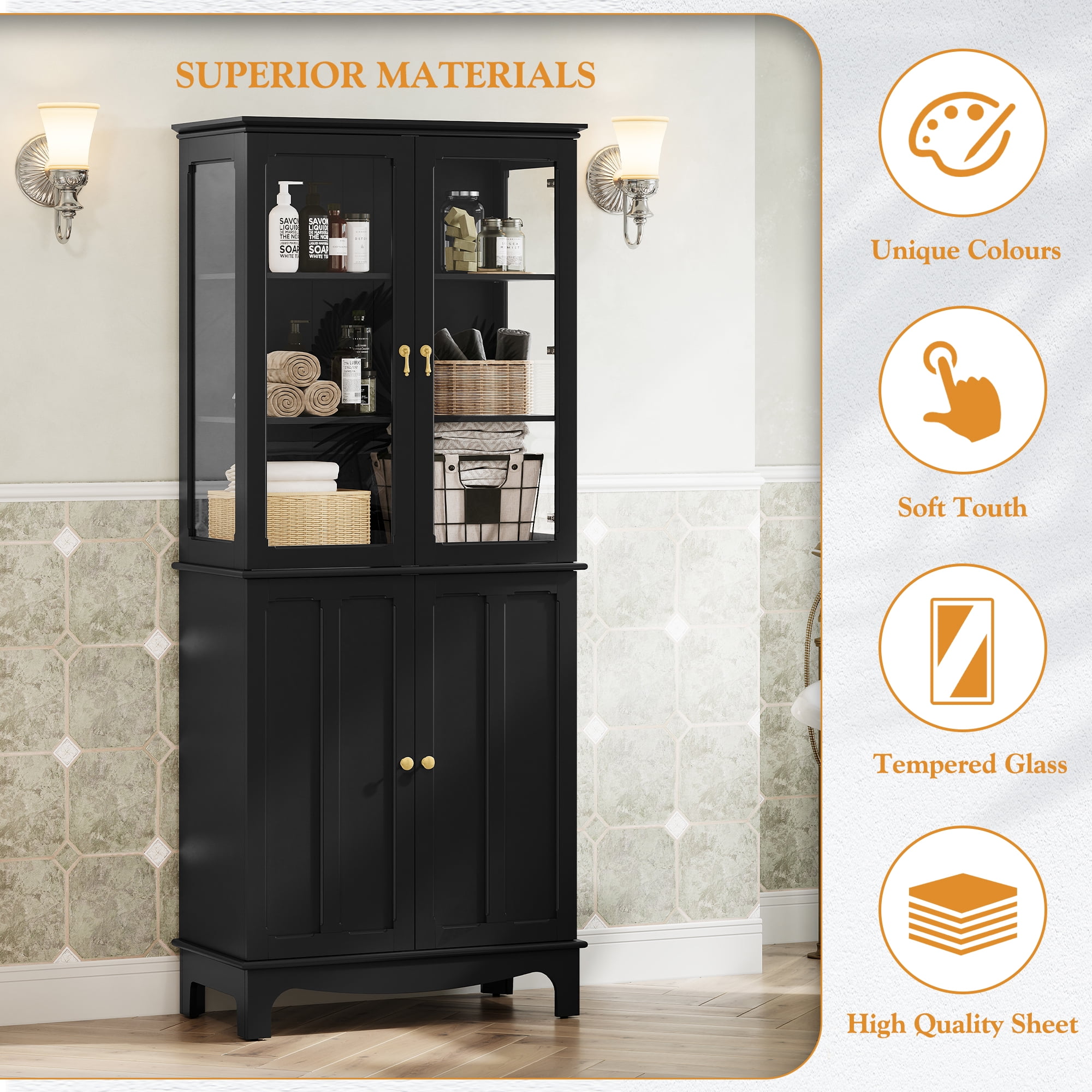HLR 72" Modern Black Cupboard with Adjustable Shelves, Elegant Storage Cabinet
