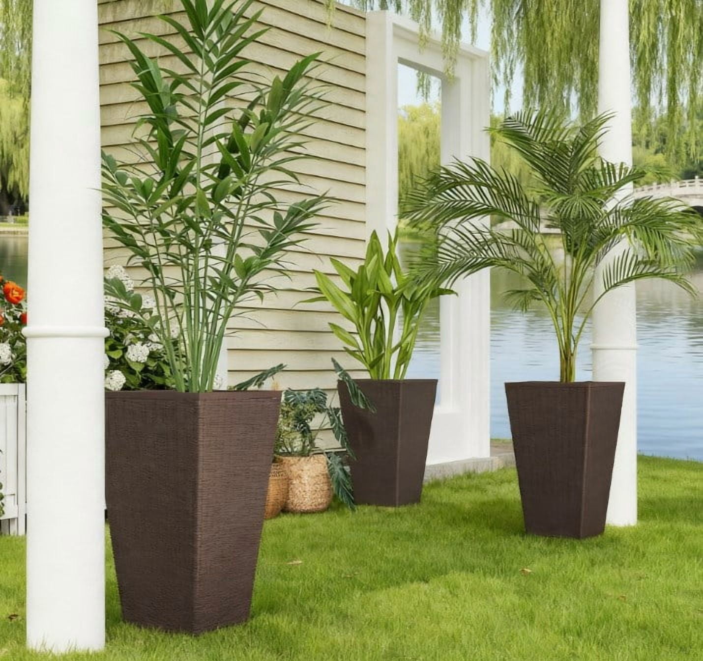 Outdoor Flower Plant Pots, Set of 3 Tall Planters with Drainage Hole,for Outdoor and Indoor Planters