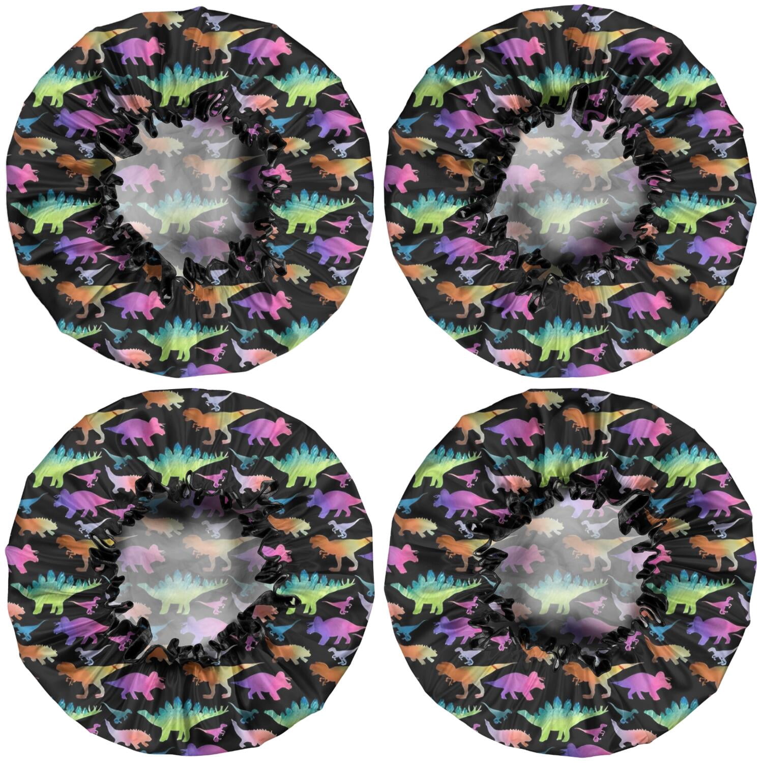 Shower Caps,Black Colorful Dinosaurs Pattern Waterproof Shower Cap for Women 4 Pieces,Double Reusable Hair Cover for Shower PEVA Elastic Stretch Hem