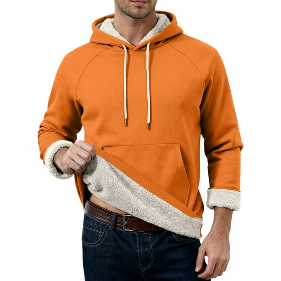 GrmtClth Hoodie Men Sherpa Lined Drawstring Hooded Thermal Sweatshirt Casual Long Sleeve Pullover Tops 2025 Winter Loose Fit Outerwear with Pocket Saffron L