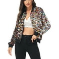 thumbnail image 1 of Womens Long Sleeve Sequin Front Zip Jacket Long Sleeve Ribbed Cuffs Outerwear Tops, 1 of 5
