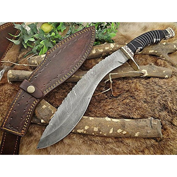 Damascus Steel Kukri Knife 15 Inches custom made Hand Forged With 10" long blade, Black Bull horn with engraved brass scale, Cow Leather Sheath