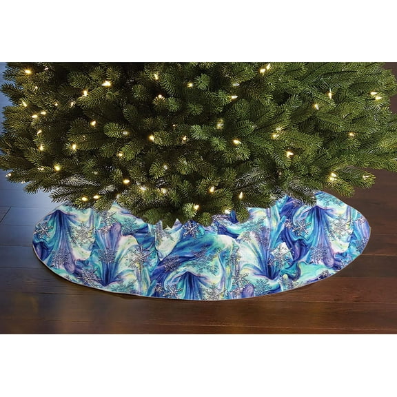 Cotton Print Holiday Tree Skirt 42" Round Icy Snowflakes