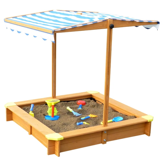 Contemporary Home Living 3.75' Wooden Sandbox with Blue and White Striped Canopy