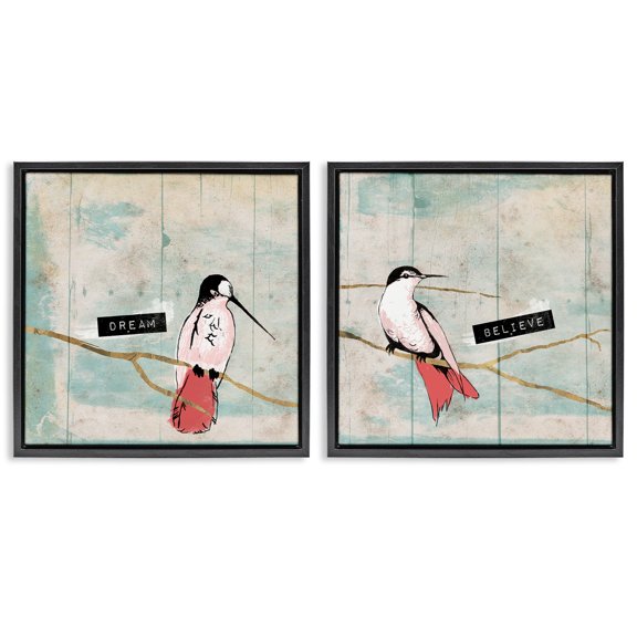Stupell Industries Dream Believe Hummingbird Branch Animals Painting Black Floater Framed Canvas Art Print Wall Art, 18 x 18, Set of 2