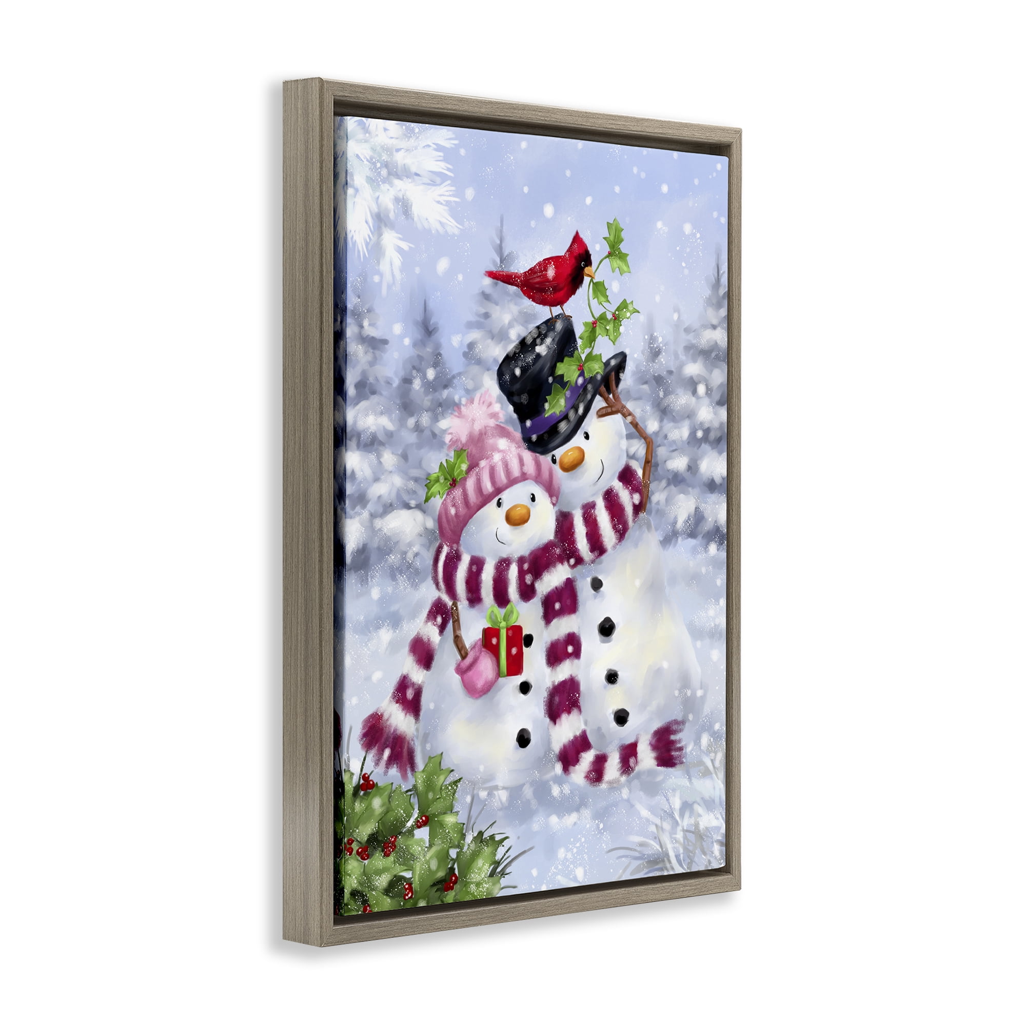 Stupell Industries Happy Snowman & Cardinal Holiday Painting Brown Floater Framed Canvas Art Prints Wall Art, 17 x 25