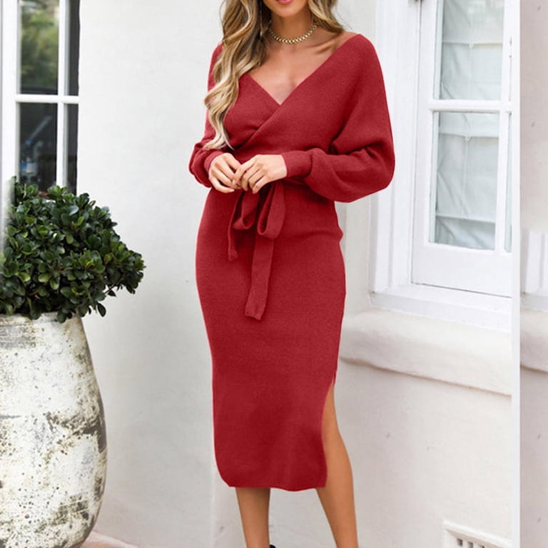 red knit wrap dress Knit Midi Wrap Dress