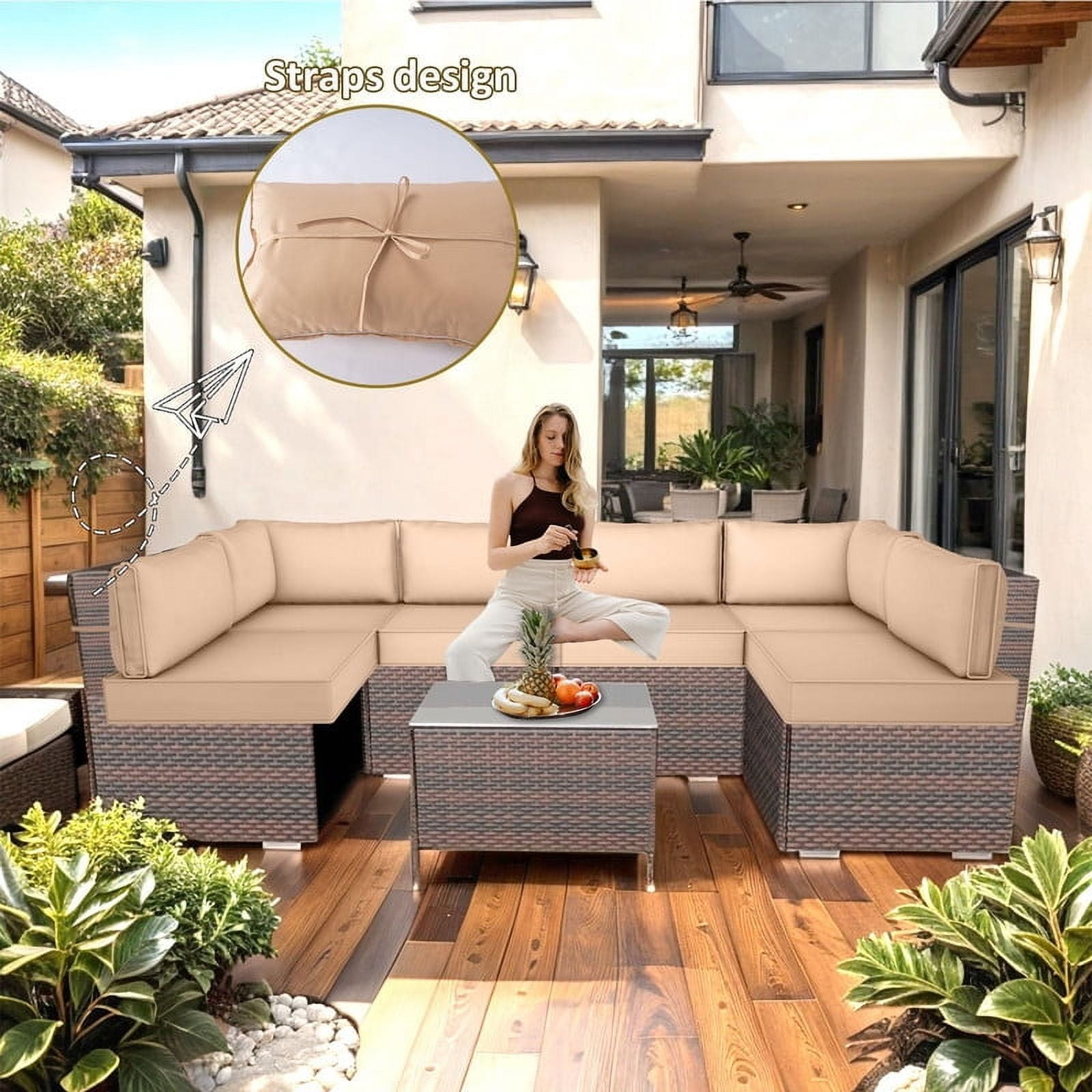 Outdoor Replacement Cushions for Patio Furniture,14-Piece Patio Water-Resistant Replacement Sofa Cushions Fits 6-seat Sectional Rattan Conversation Set,Liner&Cover