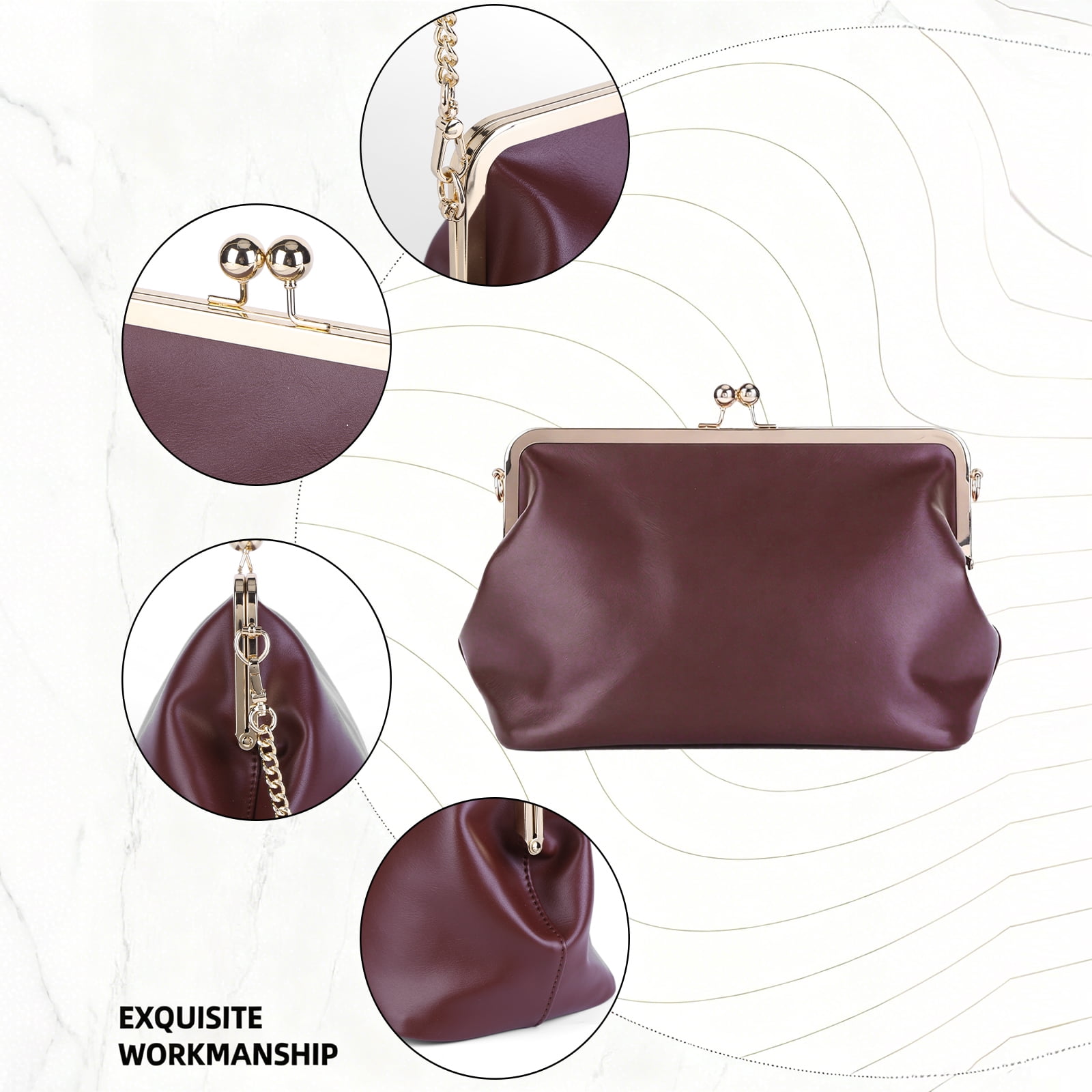 Yucurem Women's PU Crossbody Bag, Vintage Kiss Lock Medium Handbags, Evening Clutch Purse with Chain Strap for Party Travel Work Shopping (Wine Red)