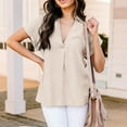 thumbnail image 2 of Femmes Été Coton Lin Tops Manches Courtes V-Cou Solides Chemisiers T Shirts Ruched Casual Confortable Basique Tunique Tee Tops, 2 of 7