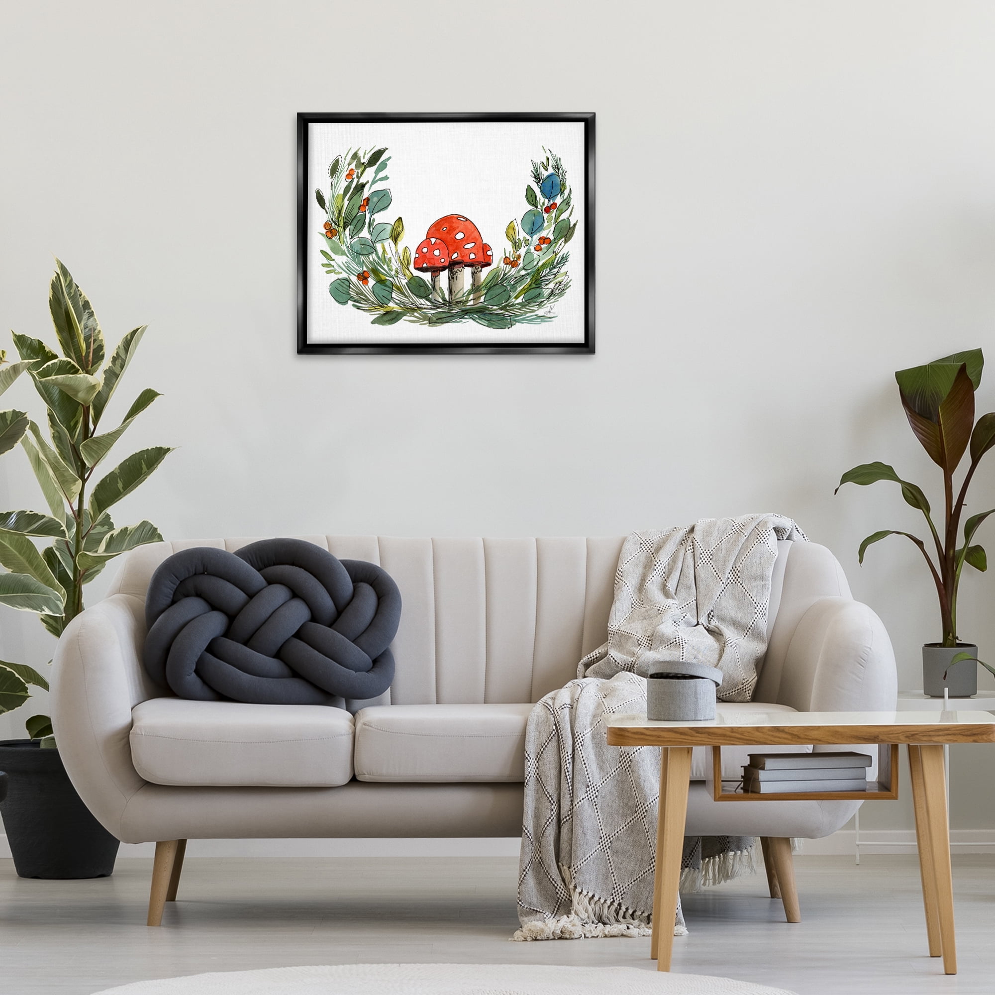 Stupell Industries Mushrooms & Greens Plants & Flowers Painting Black Floater Framed Canvas Art Print Wall Art, 31 x 25