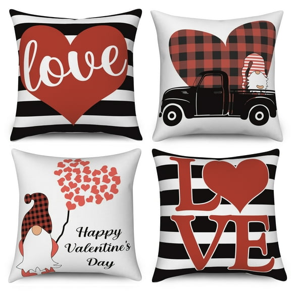 Valentines Day Throw Pillow Covers 18x18 Set of 4,Red Black Stripes Love Heart Decorative Pillow Cases for Bedroom Sofa Couch
