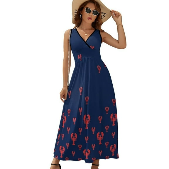 Lobster Squadron on Navy Dress Fashion Boho Beach Long Dresses Female Party Printed Maxi Dress
