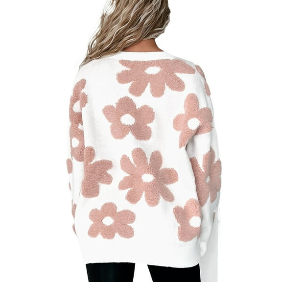 Women's White Textured Flower Drop Shoulder Loose Sweater