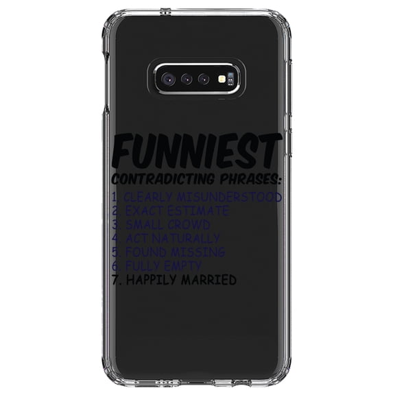 DistinctInk Clear Shockproof Hybrid Case for Samsung Galaxy S10e (5.8" Screen) - TPU Bumper Acrylic Back Tempered Glass Screen Protector - Funniest Contradicting Phrases - Married