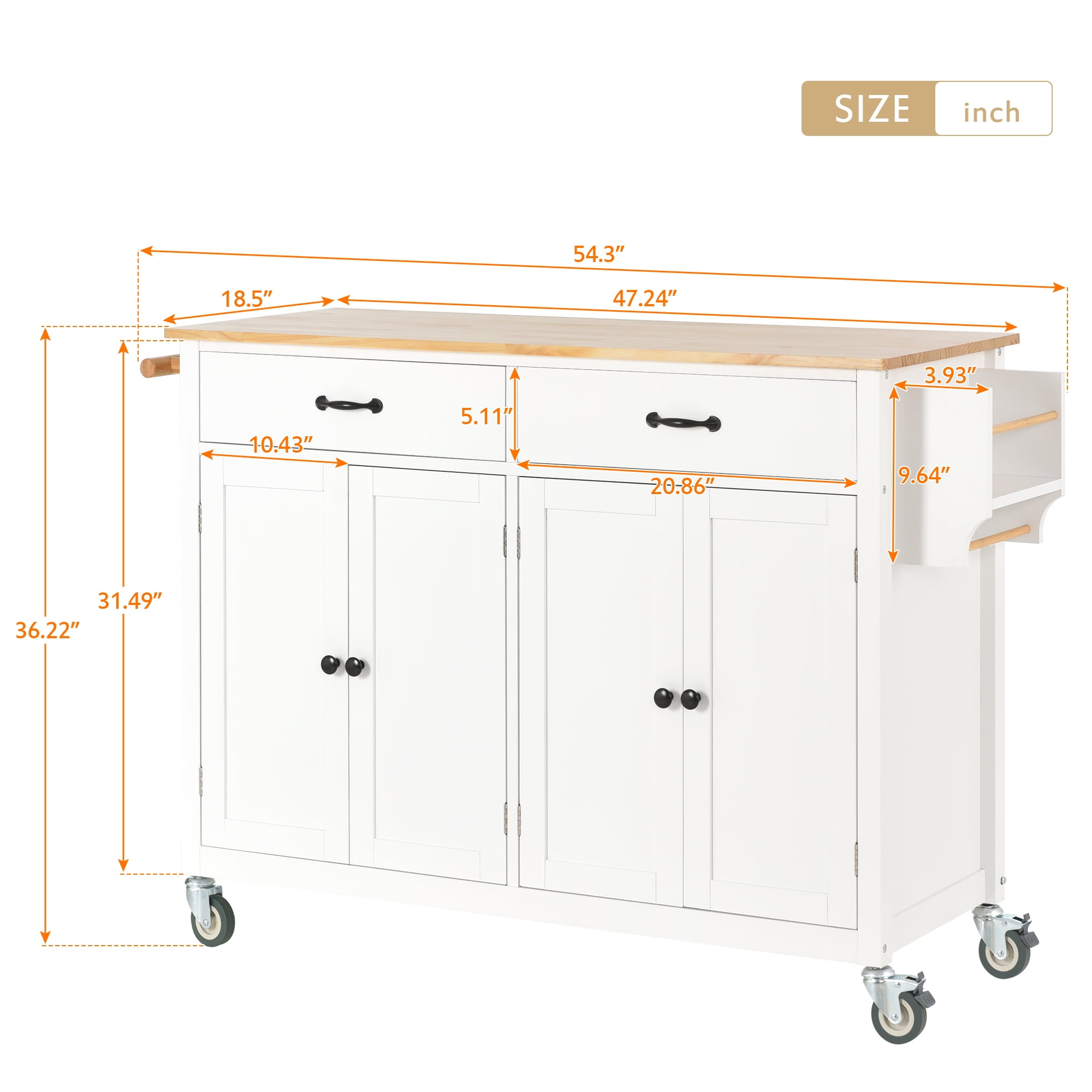 DEALTOPS 54.3" Kitchen Island Cart on Wheels, Kitchen Islands with Storage 4 Door Cabinet & Adjustable Shelves &Towel rack & 2 Drawers Storage Solid wood top-White