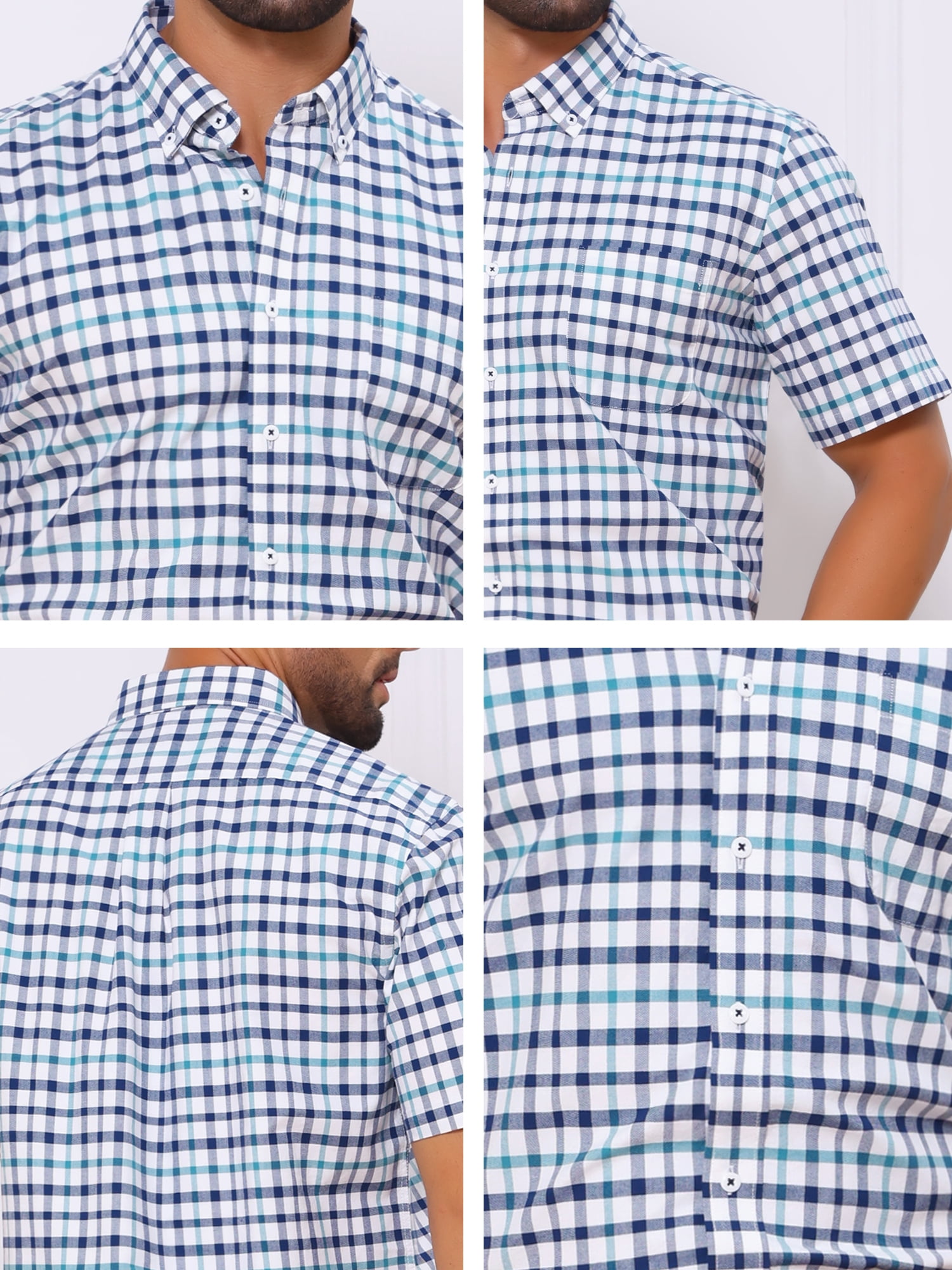 DARING DIVA Men's Point Collar Short Sleeve Button Business Plaid Shirts S White Navy