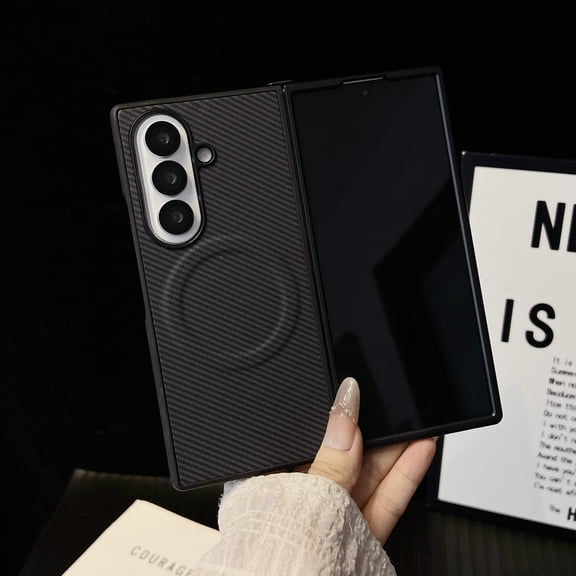 Designed For Samsung Galaxy Z Fold 6 Magnetic Phone Case,Fiber Pattern PU Leather Back,Compatible with Mag-Safe,Ultra Slim Shockproof Anti-Scratch Durable Thin Fit Phone Case,Black