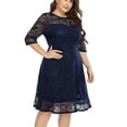 thumbnail image 4 of Eternatastic Lace Floral Half Sleeve Round Neck Cocktail Party Midi Dress Women Plus 4XL Navy Blue, 4 of 6