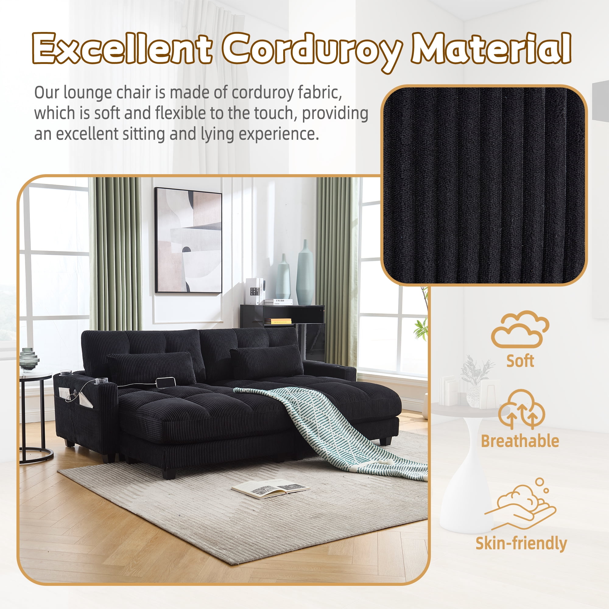 MOONMISS Corduroy Upholstered Soft Deep Seat Sofa with USB,Type-C&2 Cup Holders-Black