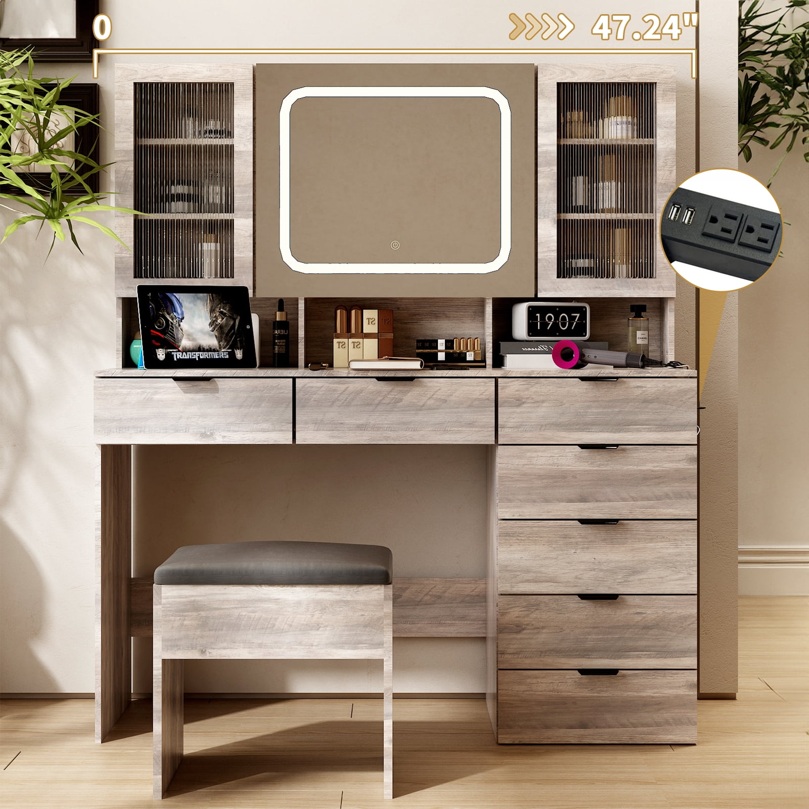 Ktaxon Large 47.24" Makeup Vanity Table Set with Hidden Storage, 7-Drawer Dressing Table, Bedroom Makeup Table, Gray