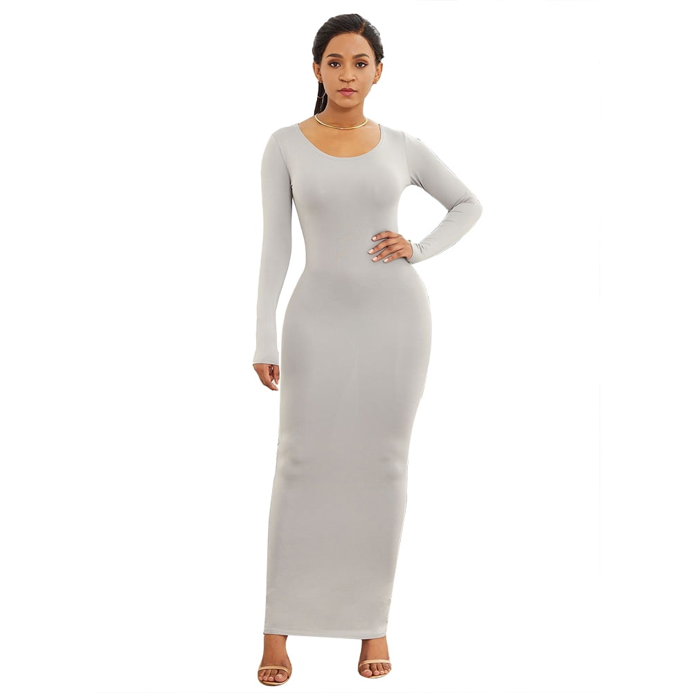 duixinghas Spring Autumn Women Solid Color Long Sleeve Round Neck Bodycon Maxi Dress, Women's, Size: Small, Gray