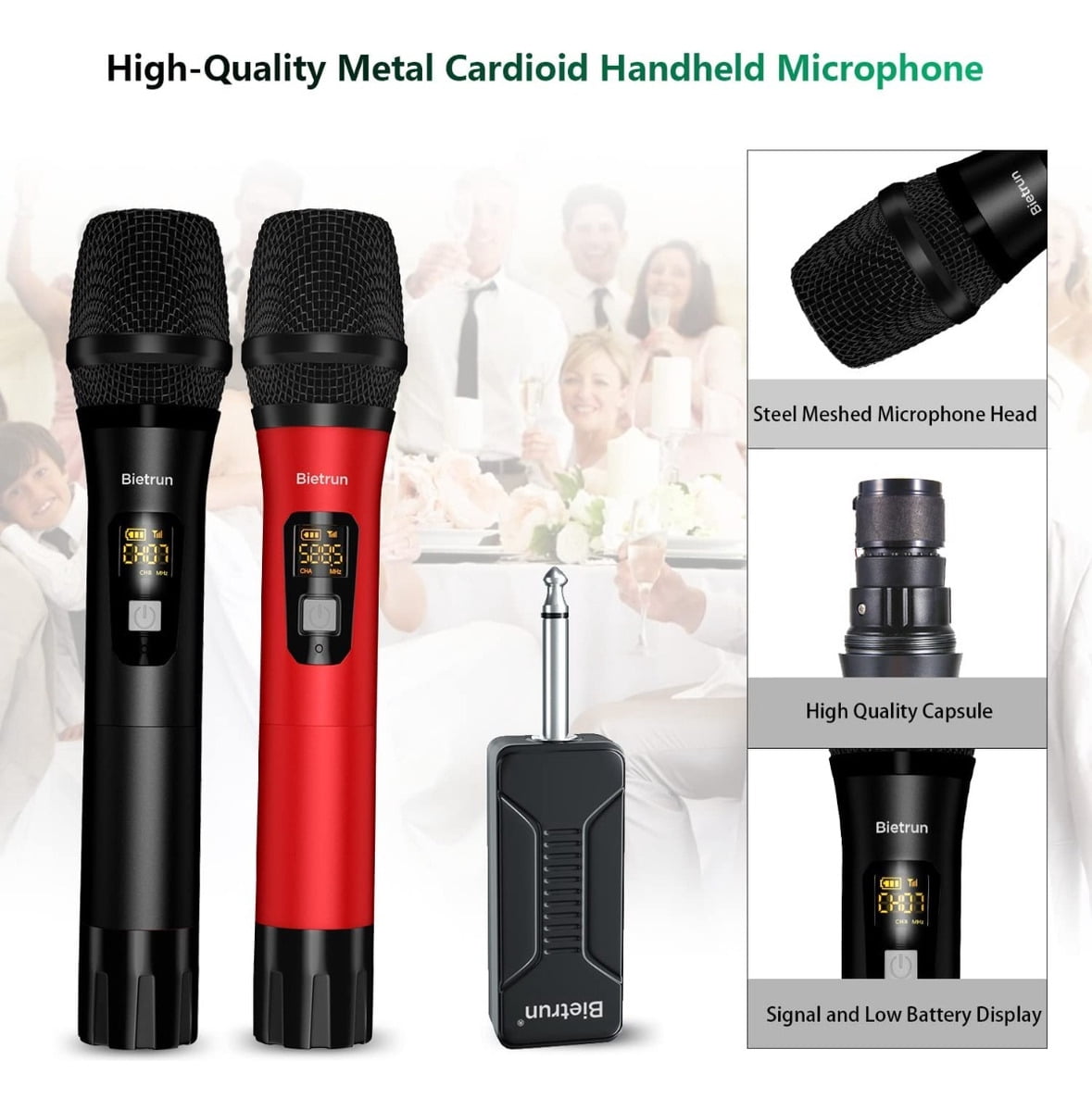 Wireless Microphone, Bietrun UHF Metal Dual Handheld Cordless Dynamic Mic System with Rechargeable Receiver, 1/4‘’Output, for Karaoke, Church, Speech, Wedding, Party Singing(160 ft Range)