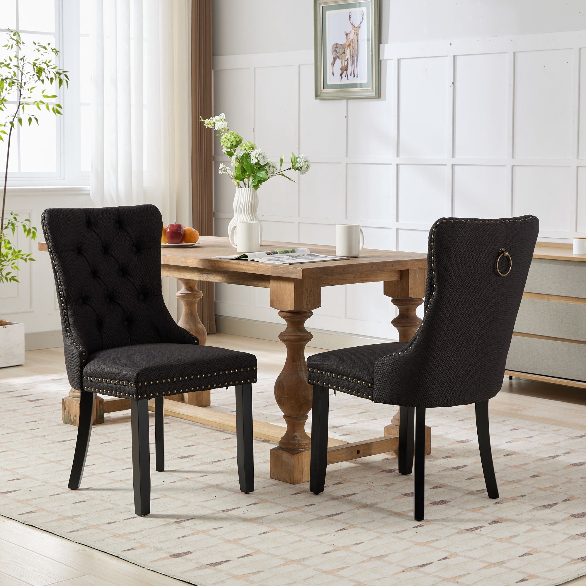 Miniyam Dining Chair Set of 2, High-end Tufted Contemporary Flax Upholstered, Black