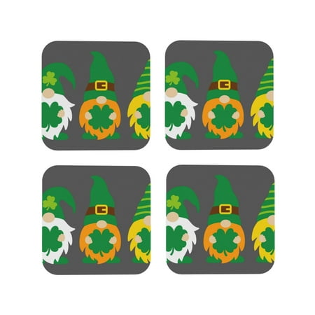 

Junzan Spring St Patrick’S Day Irish Gnomes Print Coasters for Drinks - Leather Coasters Set of 4 for Coffee Table for Housewarming/Kitchen/Bar/Decor-Square