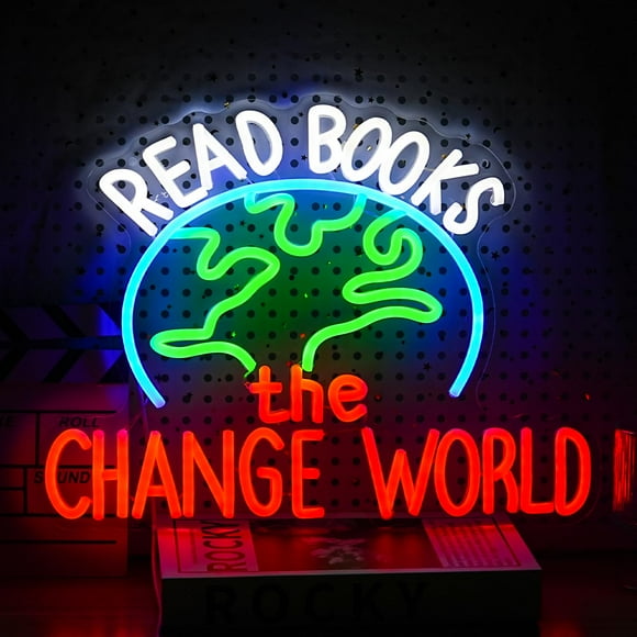 Lire des Livres Change le Monde Enseigne Néon LED Lumière Néon Alimentée par USB Dimmable Lire des Livres Enseigne Lumineuse pour École Classe Librairie Bibliothèque Musée Salle d'Étude Décoration Murale (16.5 * 12.6 Po)